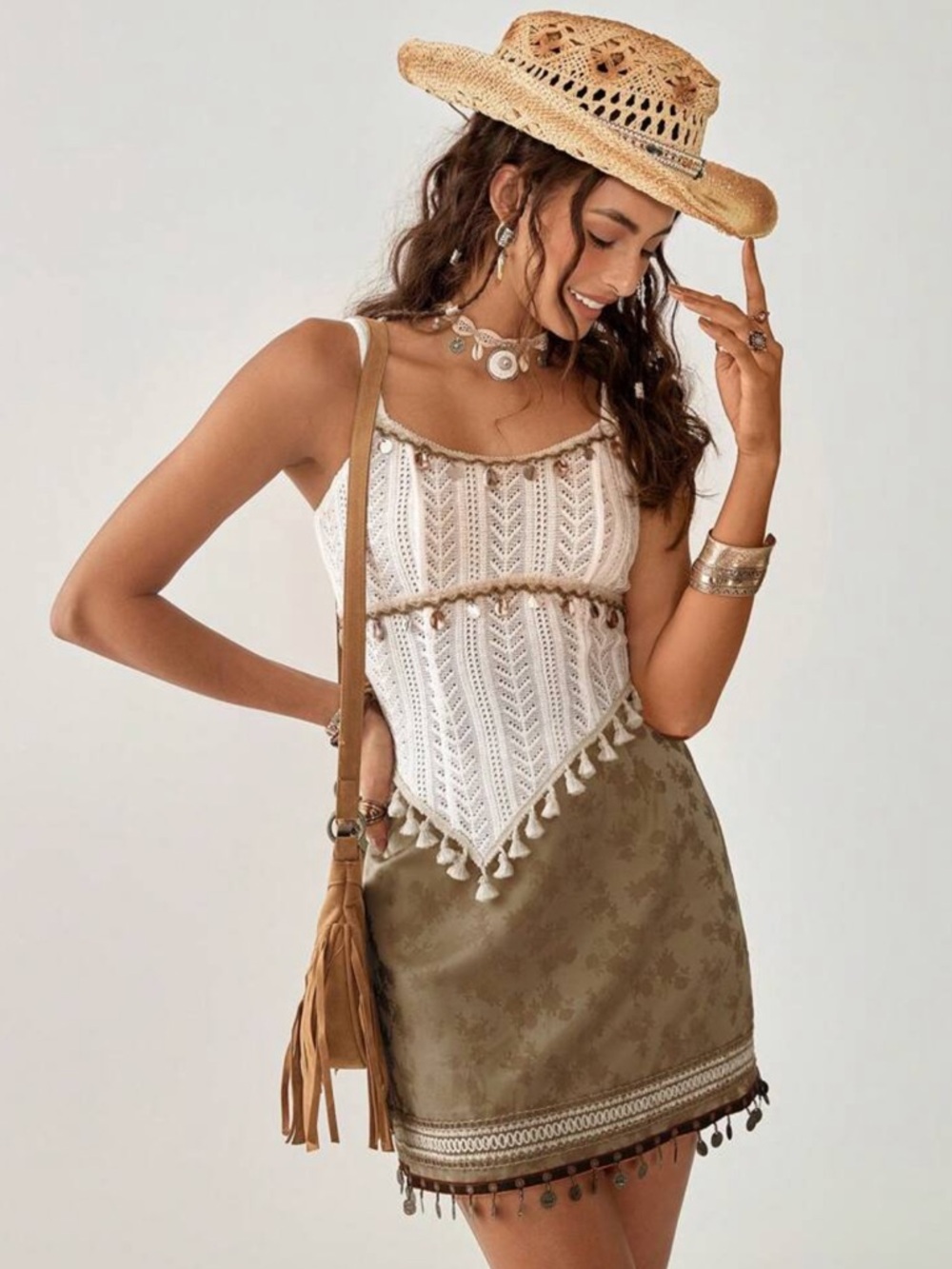 Boho 2 Piece Crochet Tassel Top and Skirt Set